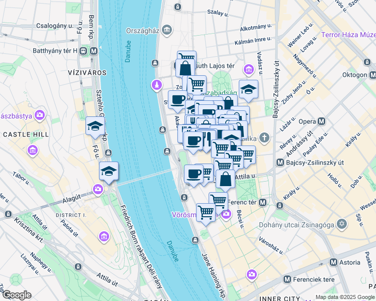 map of restaurants, bars, coffee shops, grocery stores, and more near in Budapest