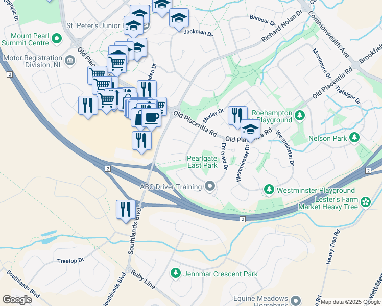 map of restaurants, bars, coffee shops, grocery stores, and more near 54 Emerald Drive in Mount Pearl