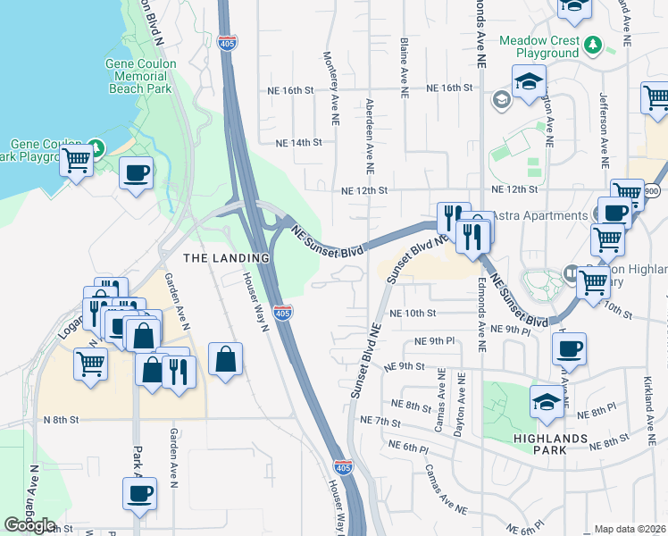 map of restaurants, bars, coffee shops, grocery stores, and more near 975 Aberdeen Avenue Northeast in Renton
