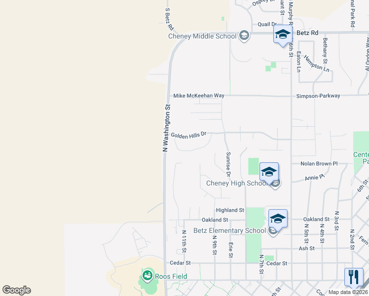 map of restaurants, bars, coffee shops, grocery stores, and more near 2238 Hillside Drive in Cheney