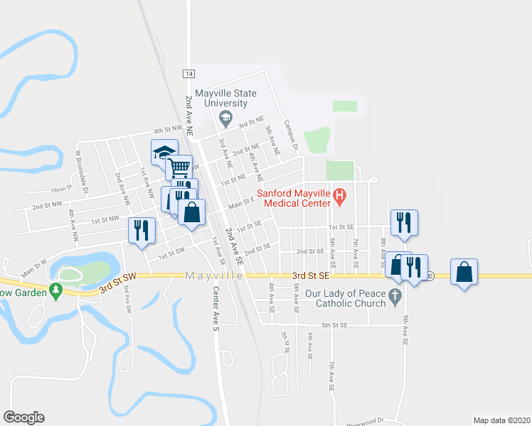 map of restaurants, bars, coffee shops, grocery stores, and more near 29 4th Avenue Southeast in Mayville