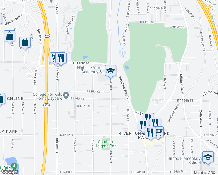 map of restaurants, bars, coffee shops, grocery stores, and more near 11423 14th Avenue South in Seattle