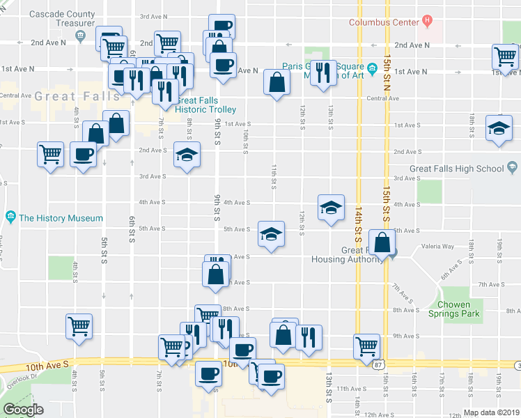 map of restaurants, bars, coffee shops, grocery stores, and more near 1014 4th Avenue South in Great Falls