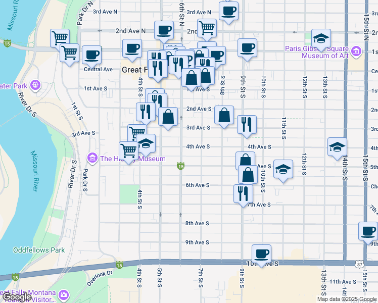 map of restaurants, bars, coffee shops, grocery stores, and more near 606 4th Avenue South in Great Falls