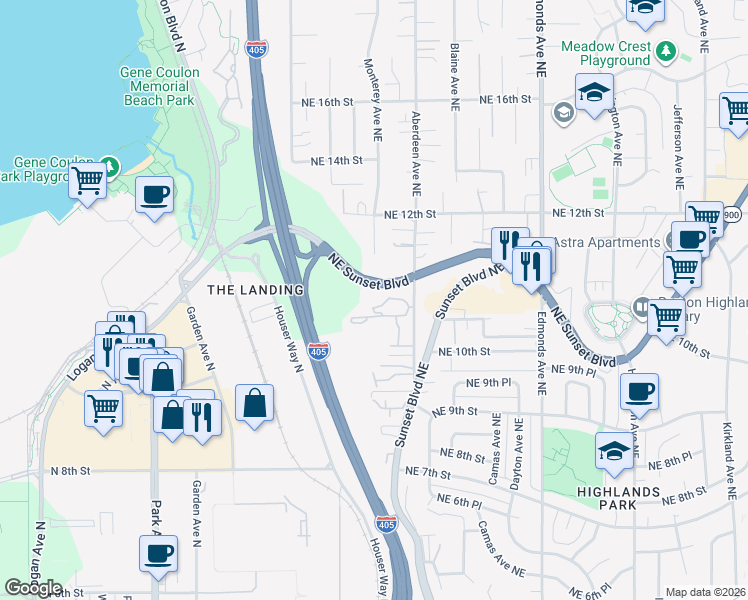 map of restaurants, bars, coffee shops, grocery stores, and more near 975 Aberdeen Avenue Northeast in Renton