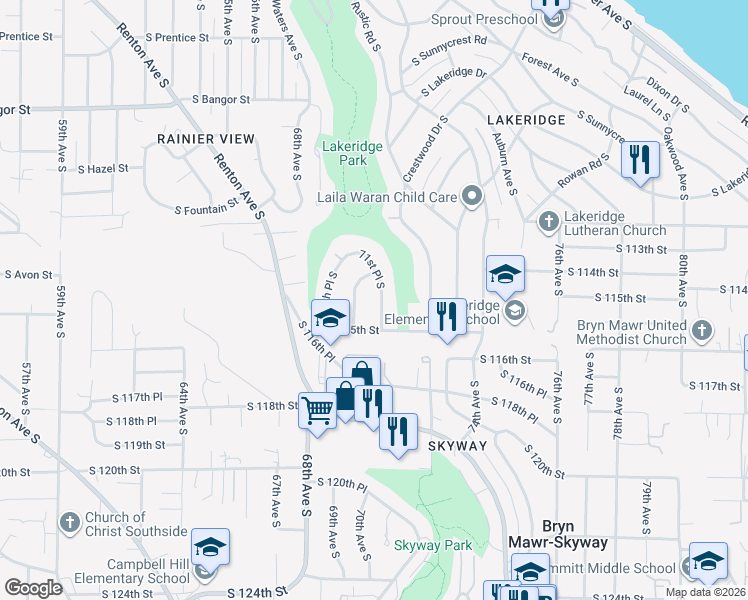 map of restaurants, bars, coffee shops, grocery stores, and more near 11450 71st Place South in Seattle