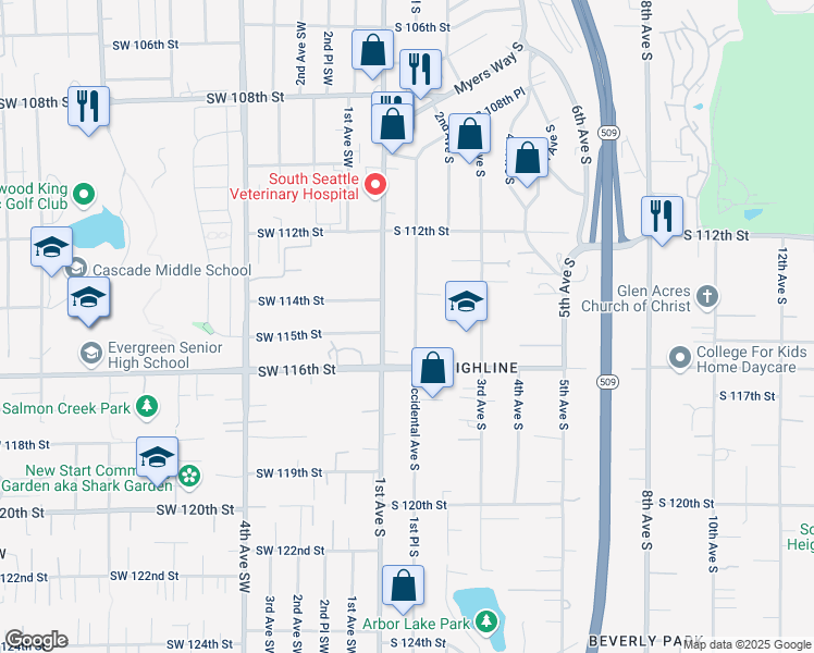 map of restaurants, bars, coffee shops, grocery stores, and more near 11421 Occidental Avenue South in Seattle
