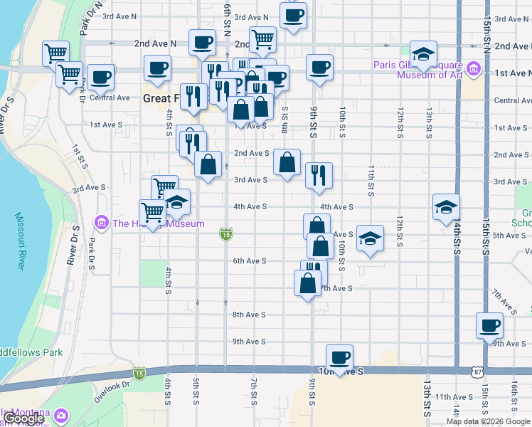 map of restaurants, bars, coffee shops, grocery stores, and more near 401-449 7th Street South in Great Falls