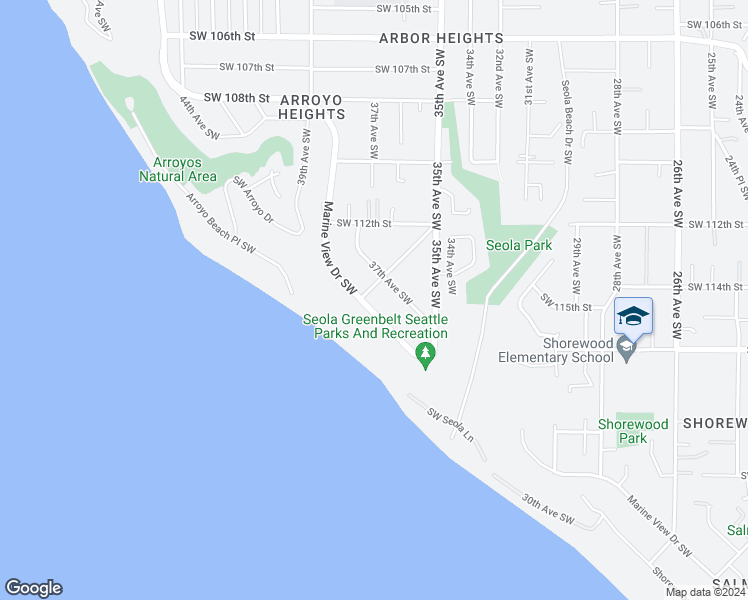map of restaurants, bars, coffee shops, grocery stores, and more near 11408 Marine View Drive Southwest in Seattle