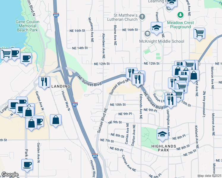 map of restaurants, bars, coffee shops, grocery stores, and more near 1055 Northeast Sunset Boulevard in Renton