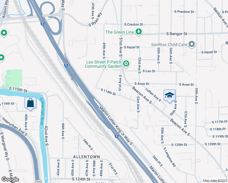 map of restaurants, bars, coffee shops, grocery stores, and more near 5002 South 114th Street in Tukwila