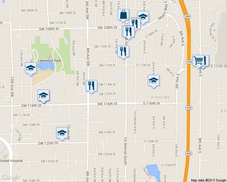 map of restaurants, bars, coffee shops, grocery stores, and more near 140 Southwest 115th Street in Seattle
