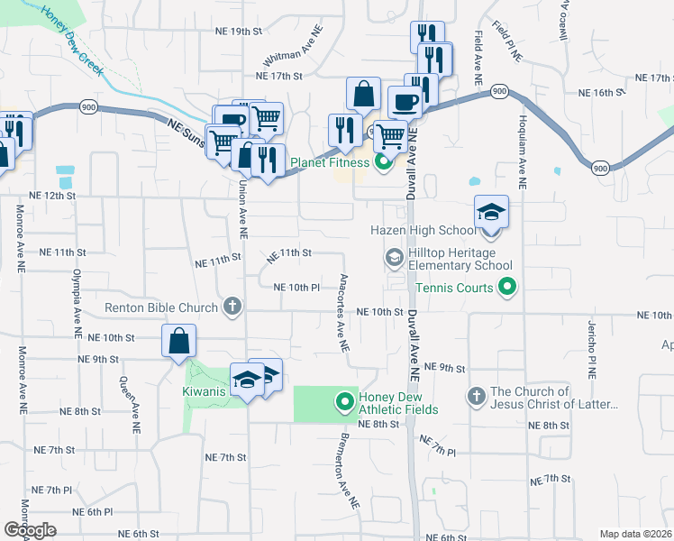 map of restaurants, bars, coffee shops, grocery stores, and more near 1067 Anacortes Avenue Northeast in Renton