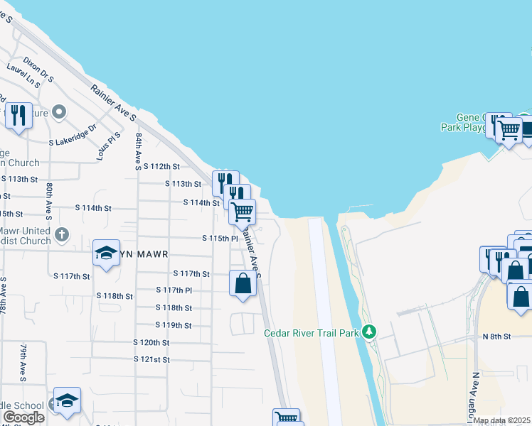 map of restaurants, bars, coffee shops, grocery stores, and more near 11402 South 114th Street in Seattle