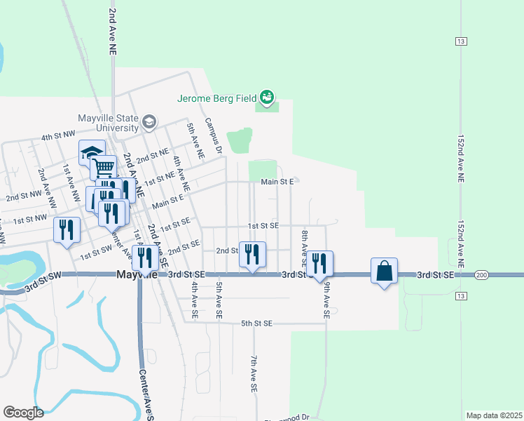 map of restaurants, bars, coffee shops, grocery stores, and more near 42 6th Avenue Southeast in Mayville