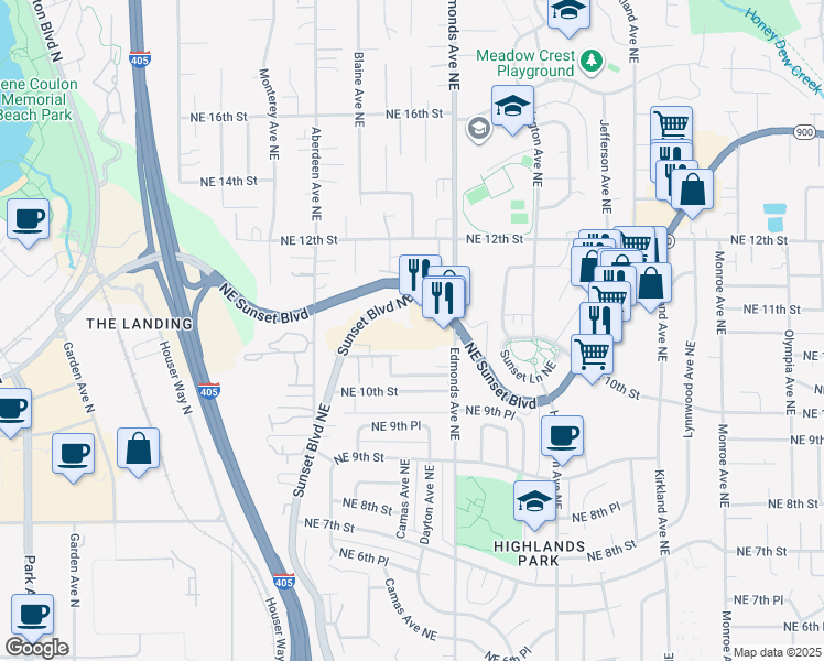 map of restaurants, bars, coffee shops, grocery stores, and more near 1150 Sunset Boulevard Northeast in Renton