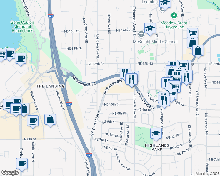 map of restaurants, bars, coffee shops, grocery stores, and more near 1100 Northeast Sunset Boulevard in Renton