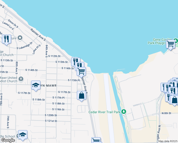map of restaurants, bars, coffee shops, grocery stores, and more near 11402 South 114th Street in Seattle