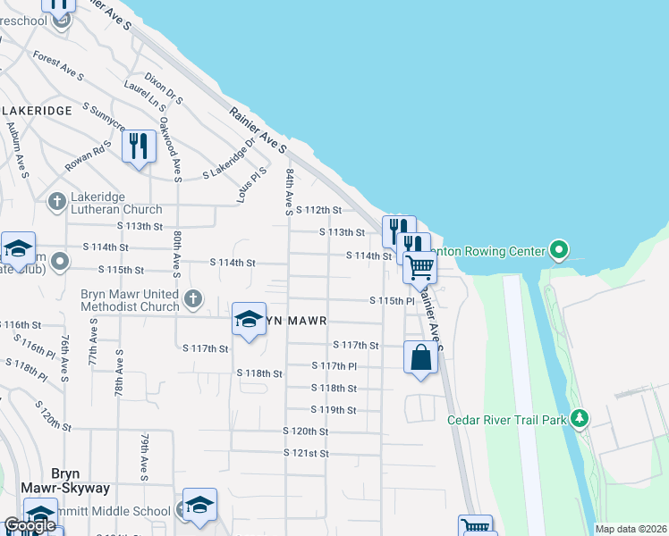 map of restaurants, bars, coffee shops, grocery stores, and more near 8432 South 115th Street in Seattle