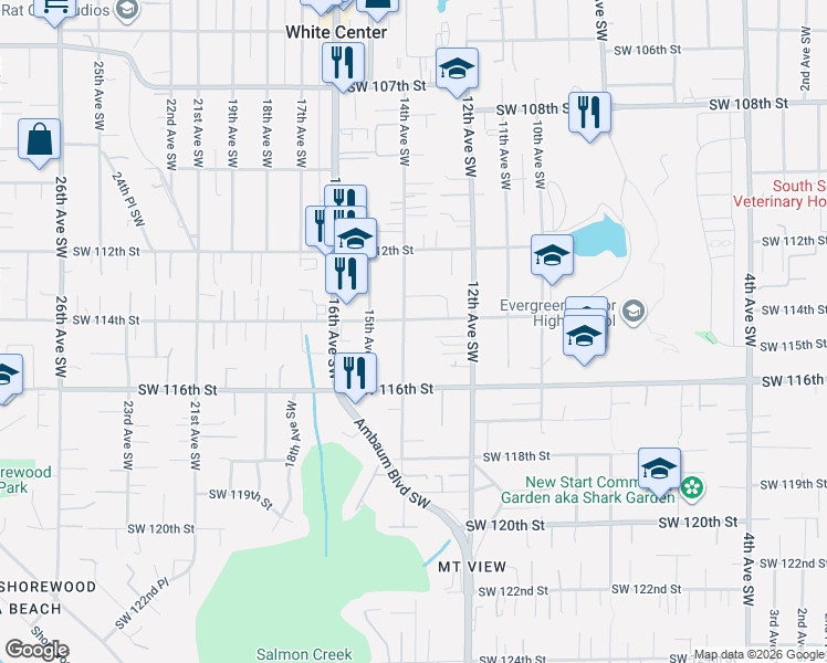 map of restaurants, bars, coffee shops, grocery stores, and more near 11414 14th Avenue Southwest in Seattle