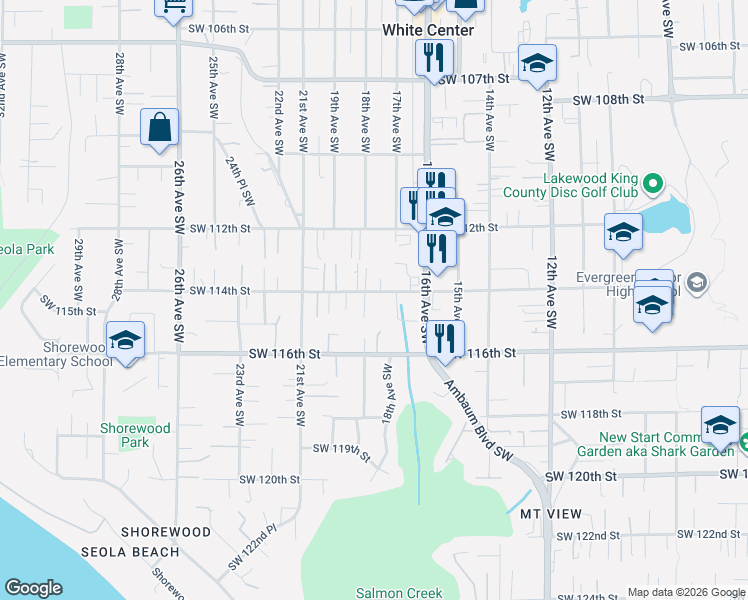 map of restaurants, bars, coffee shops, grocery stores, and more near 1651 Southwest 114th Street in Seattle