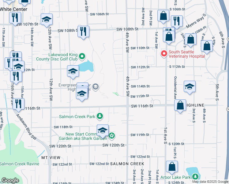 map of restaurants, bars, coffee shops, grocery stores, and more near 11443 5th Avenue Southwest in Seattle