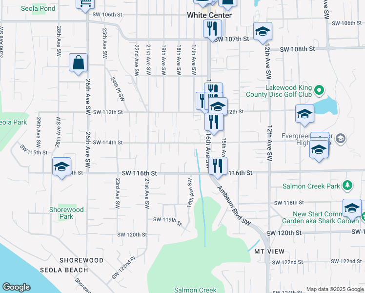map of restaurants, bars, coffee shops, grocery stores, and more near 1651 Southwest 114th Street in Seattle