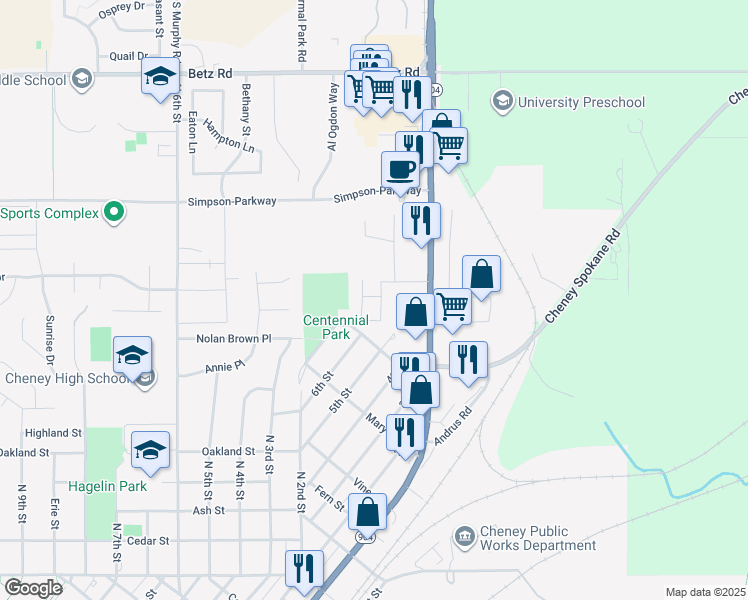 map of restaurants, bars, coffee shops, grocery stores, and more near 111 College Hill Street in Cheney