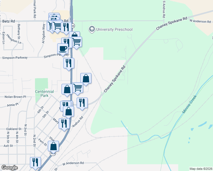 map of restaurants, bars, coffee shops, grocery stores, and more near 9404 Cheney Spokane Road in Cheney