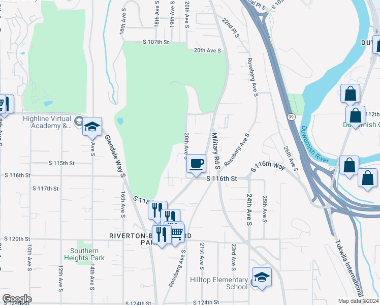 map of restaurants, bars, coffee shops, grocery stores, and more near 11424 20th Avenue South in Seattle