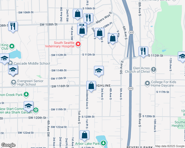 map of restaurants, bars, coffee shops, grocery stores, and more near 11420 Occidental Avenue South in Seattle