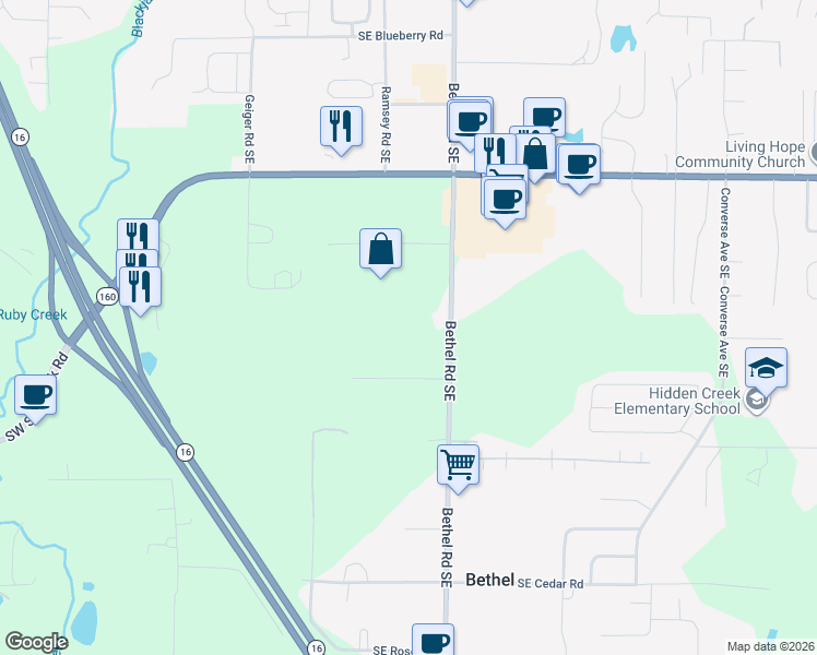 map of restaurants, bars, coffee shops, grocery stores, and more near 5230 Bethel Road Southeast in Port Orchard