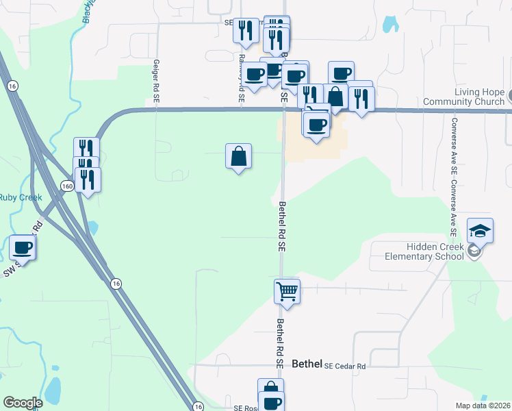 map of restaurants, bars, coffee shops, grocery stores, and more near 5230 Bethel Road Southeast in Port Orchard