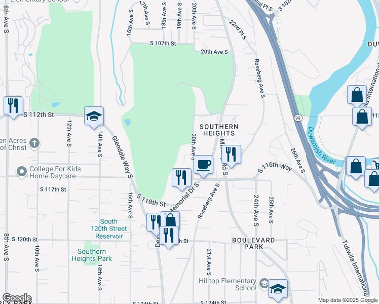 map of restaurants, bars, coffee shops, grocery stores, and more near 11424 20th Avenue South in Seattle