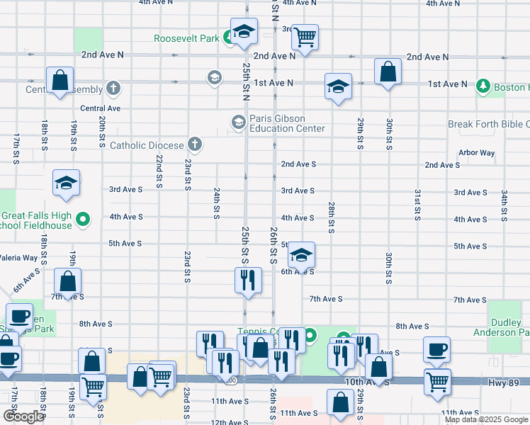 map of restaurants, bars, coffee shops, grocery stores, and more near 2519 4th Avenue South in Great Falls