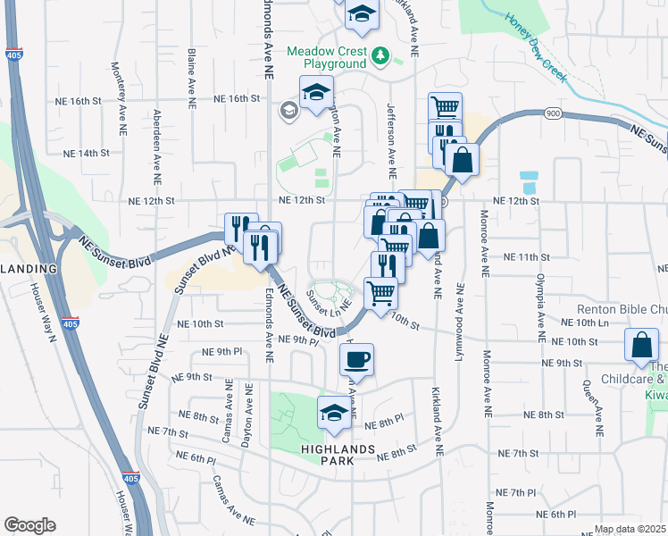 map of restaurants, bars, coffee shops, grocery stores, and more near 1067 Harrington Avenue Northeast in Renton