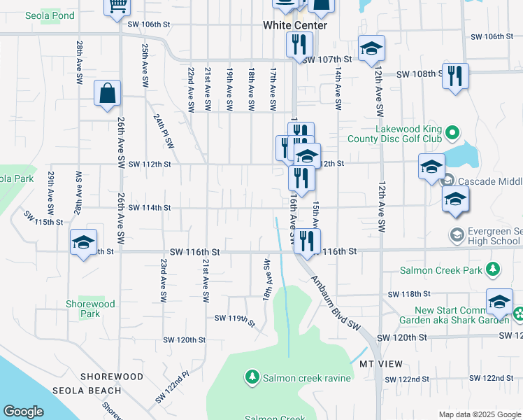 map of restaurants, bars, coffee shops, grocery stores, and more near 1625 Southwest 114th Street in Burien