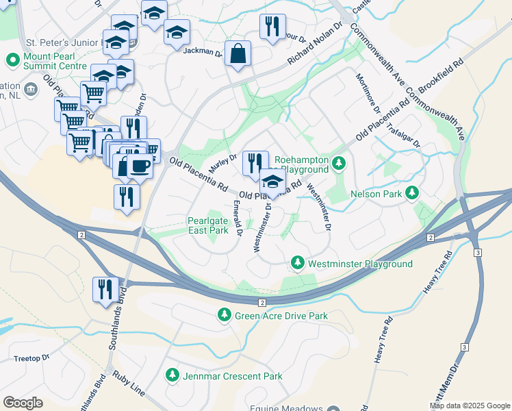 map of restaurants, bars, coffee shops, grocery stores, and more near 8 Crystal Place in Mount Pearl