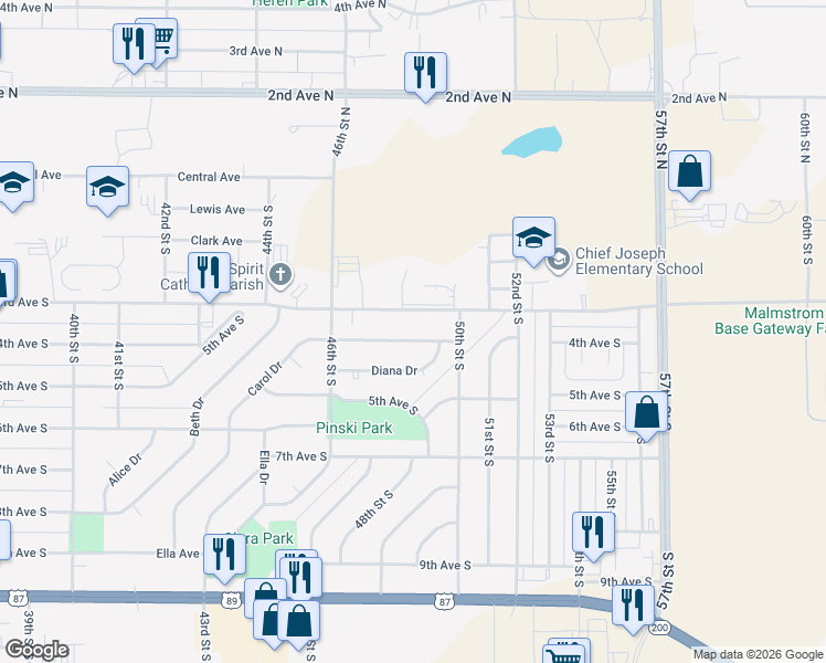 map of restaurants, bars, coffee shops, grocery stores, and more near 4800 Carol Drive in Great Falls