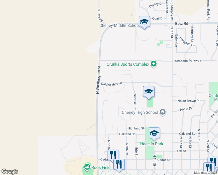 map of restaurants, bars, coffee shops, grocery stores, and more near 2238 Hillside Drive in Cheney