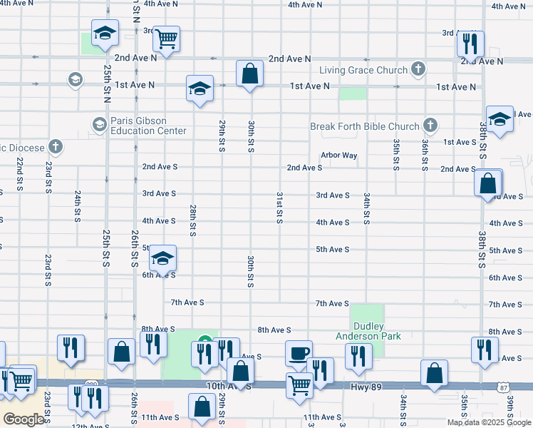 map of restaurants, bars, coffee shops, grocery stores, and more near 3004 4th Avenue South in Great Falls