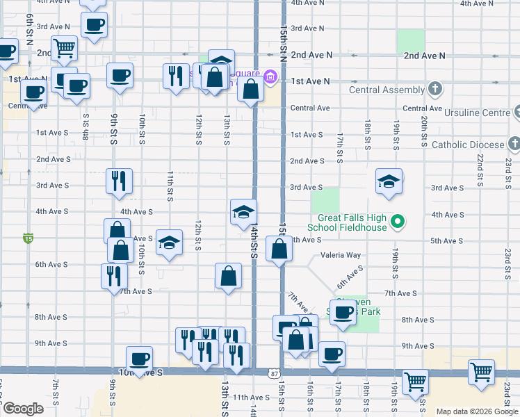 map of restaurants, bars, coffee shops, grocery stores, and more near 400-498 14th Street South in Great Falls
