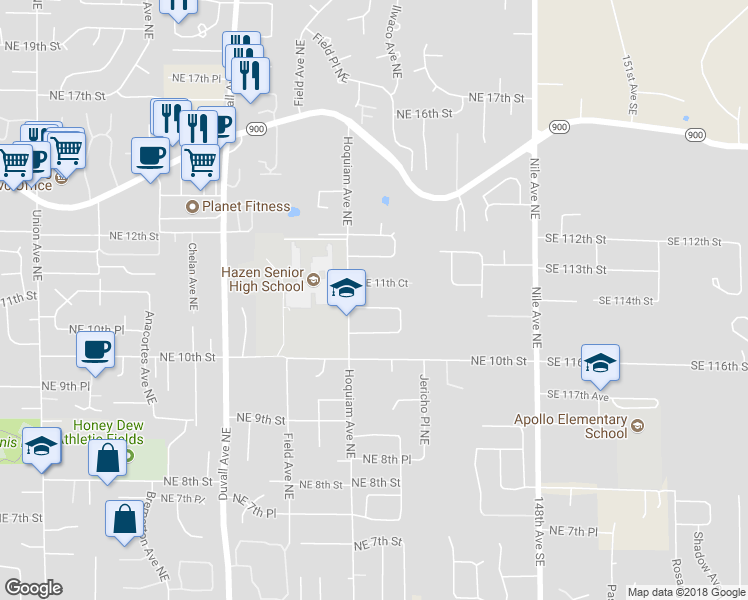 map of restaurants, bars, coffee shops, grocery stores, and more near 5217 Northeast 11th Street in Renton
