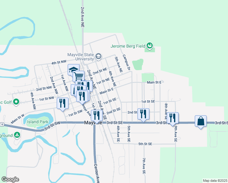 map of restaurants, bars, coffee shops, grocery stores, and more near 29 4th Avenue Southeast in Mayville
