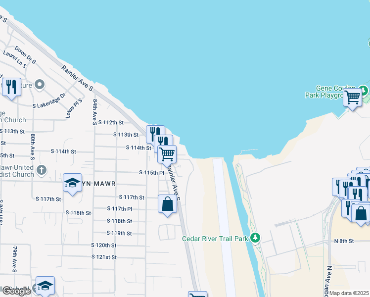 map of restaurants, bars, coffee shops, grocery stores, and more near 11402 South 114th Street in Seattle