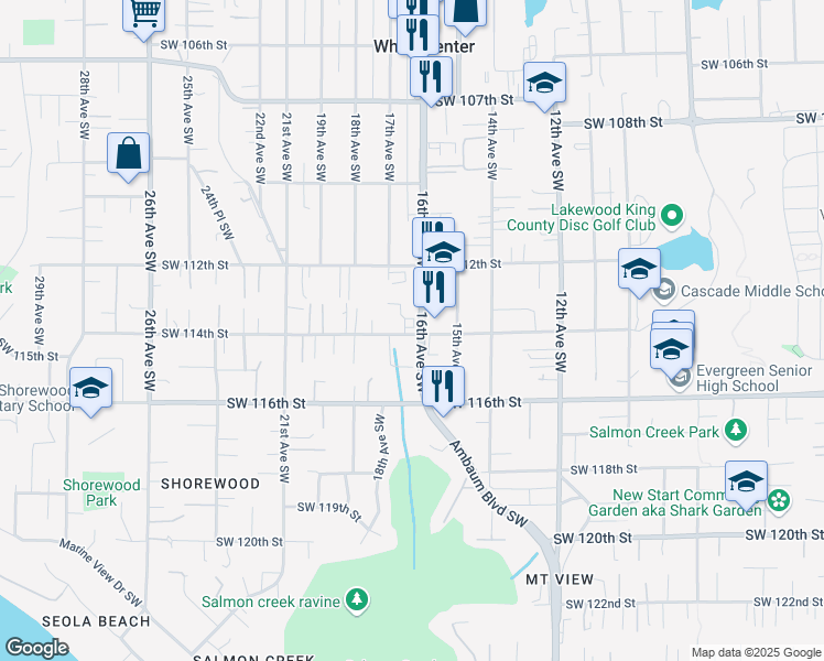 map of restaurants, bars, coffee shops, grocery stores, and more near 1612 Southwest 114th Street in Seattle
