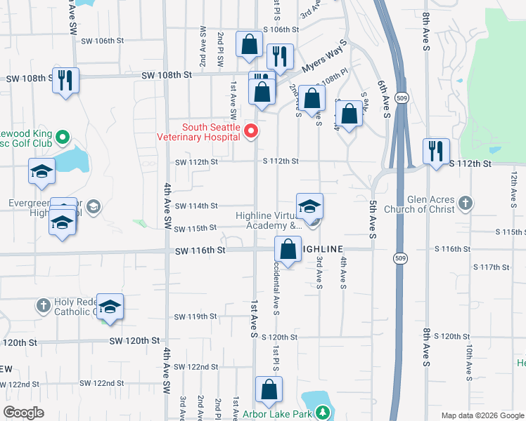 map of restaurants, bars, coffee shops, grocery stores, and more near 11410 1st Avenue South in Seattle
