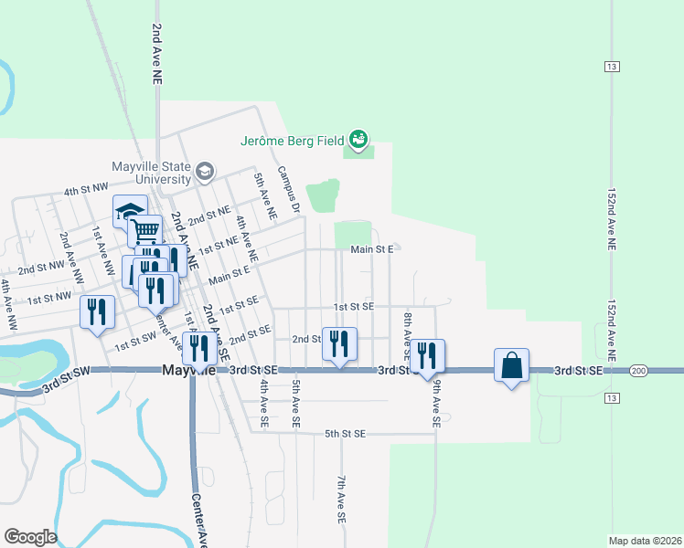 map of restaurants, bars, coffee shops, grocery stores, and more near 42 6th Avenue Southeast in Mayville