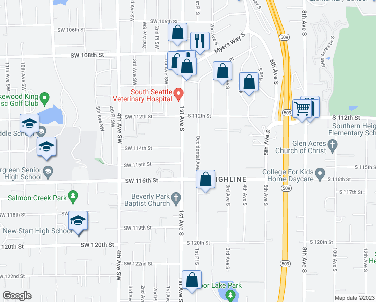 map of restaurants, bars, coffee shops, grocery stores, and more near 11421 Occidental Avenue South in Seattle