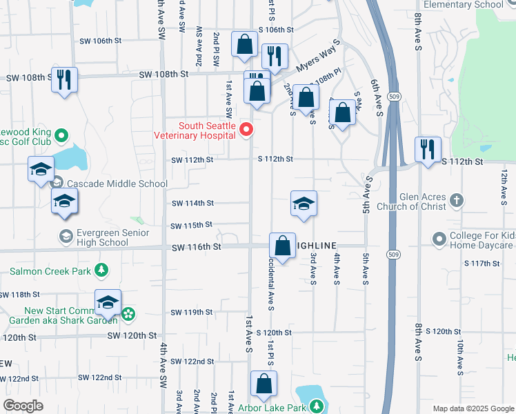 map of restaurants, bars, coffee shops, grocery stores, and more near 11421 Occidental Avenue South in Seattle